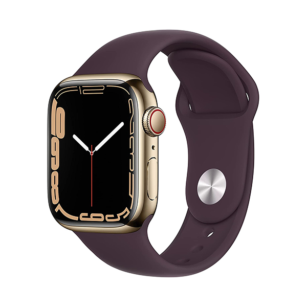 Apple Watch Series 7 GPS Cellular Gold Stainless Steel Case with Dark Cherry Sport Band Regular 01 phonewale