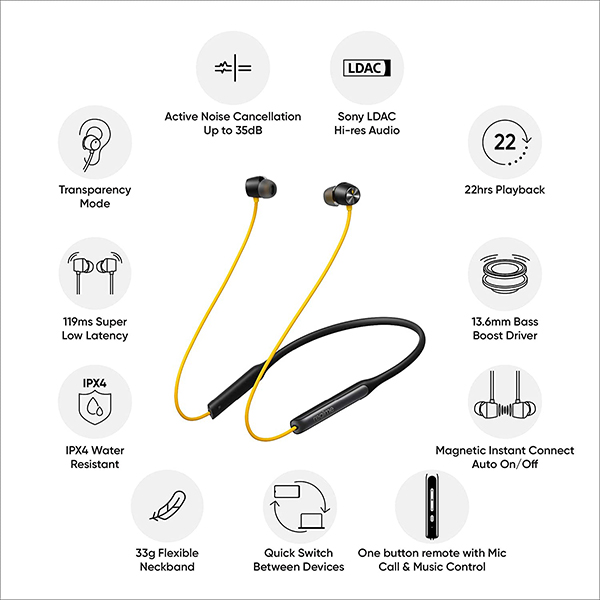 Realme RMA108 Yellow Bluetooth Neckband 02phonewale online buy at lowest price ahmedabad gujarat